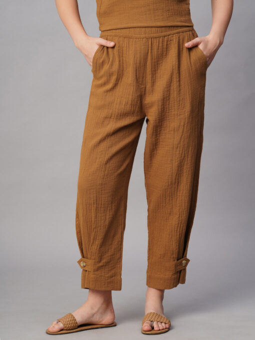 Women's Mustard Cotton Regular Fit Pant - Image 2