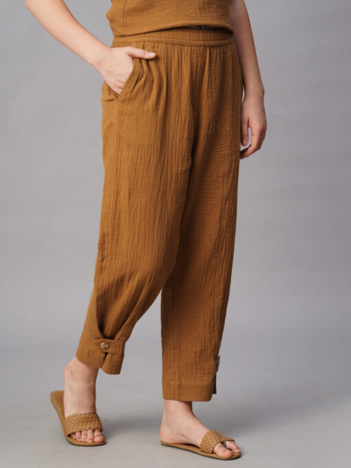 Women's Mustard Cotton Regular Fit Pant - Image 4