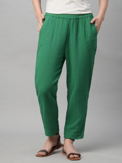 Women's Green Cotton Regular Fit Pant - Image 2