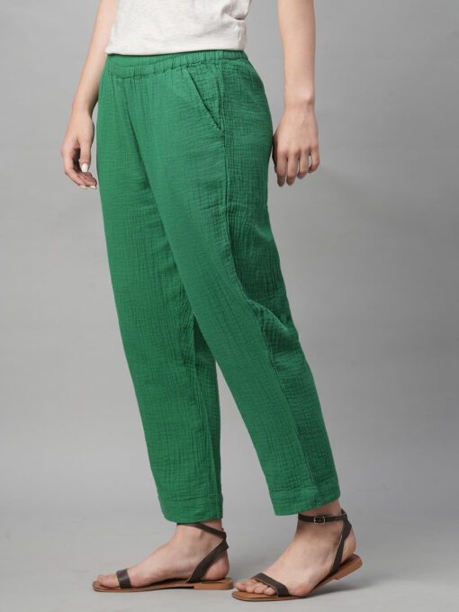 Women's Green Cotton Regular Fit Pant - Image 3