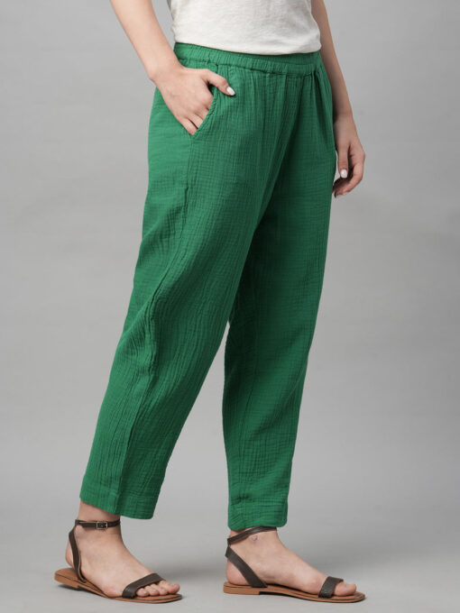 Women's Green Cotton Regular Fit Pant - Image 4