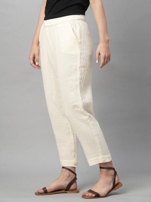 Women's Offwhite Cotton Regular Fit Pant - Image 3