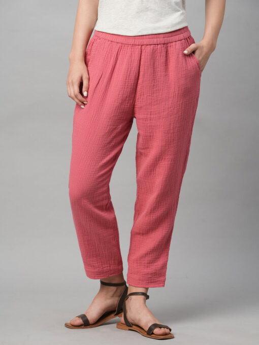 Women's Pink Cotton Regular Fit Pant - Image 2