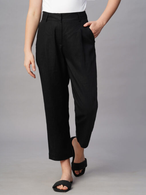 Women's Black Linen Regular Fit Pant - Image 2