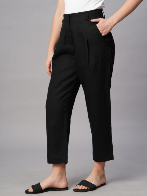 Women's Black Linen Regular Fit Pant - Image 3