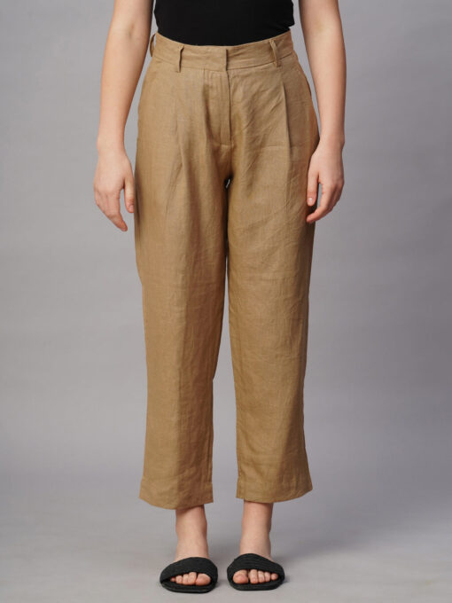 Women's Khaki Linen Regular Fit Pant - Image 2