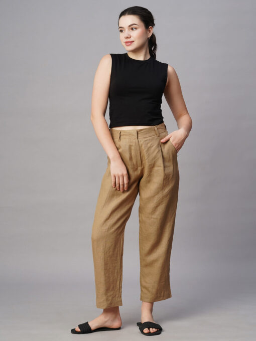 Women's Khaki Linen Regular Fit Pant