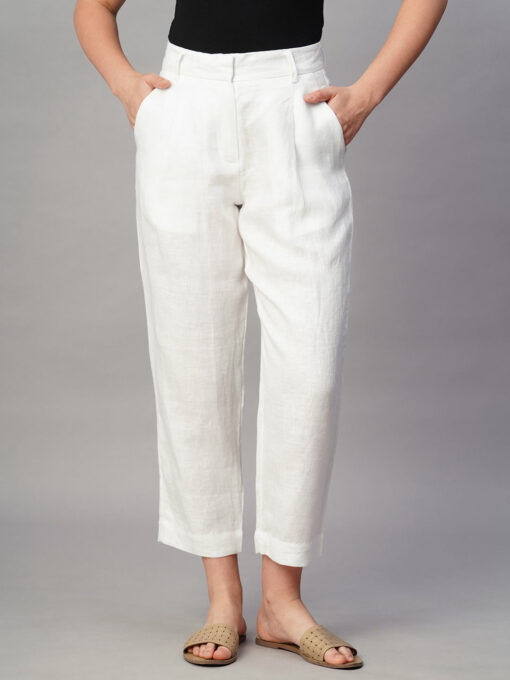 Women's White Linen Regular Fit Pant - Image 2