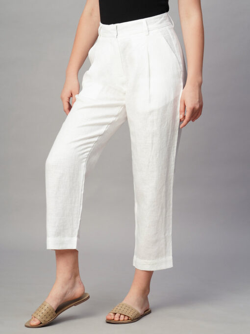 Women's White Linen Regular Fit Pant - Image 3