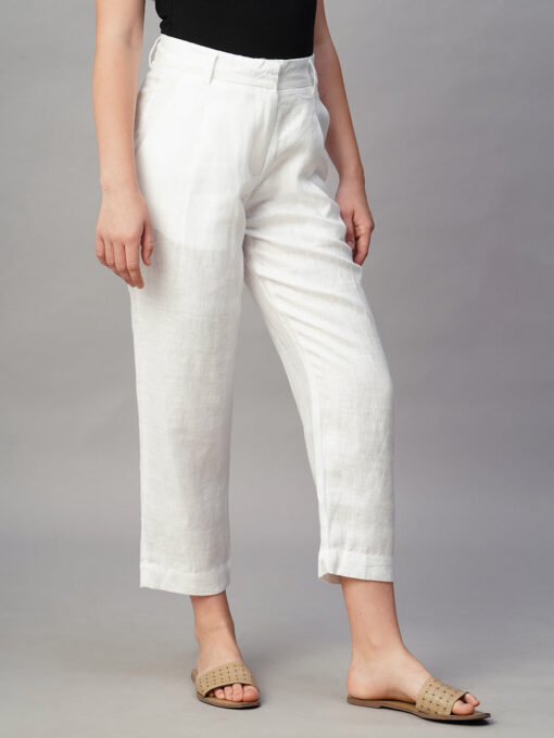 Women's White Linen Regular Fit Pant - Image 4