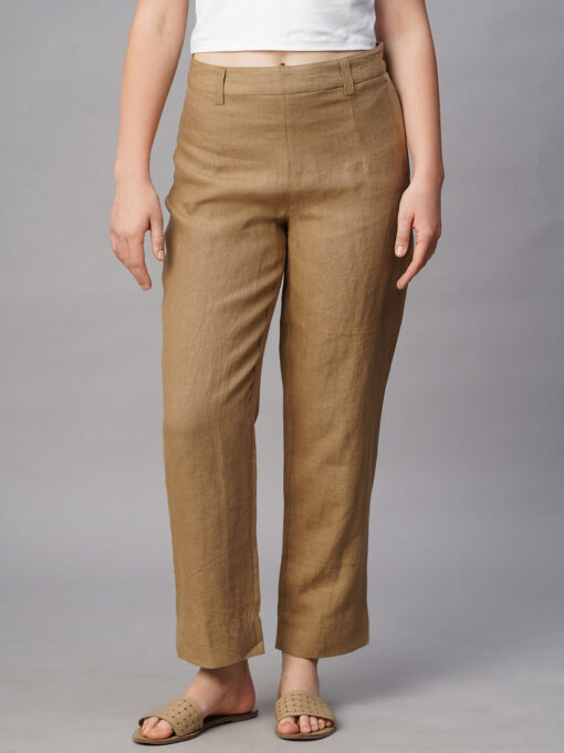 Women's Khaki Linen Regular Fit Pant - Image 2