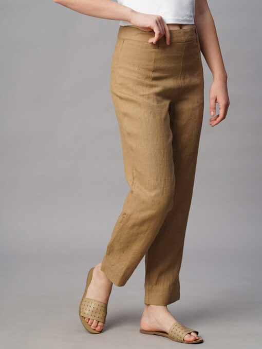 Women's Khaki Linen Regular Fit Pant - Image 4