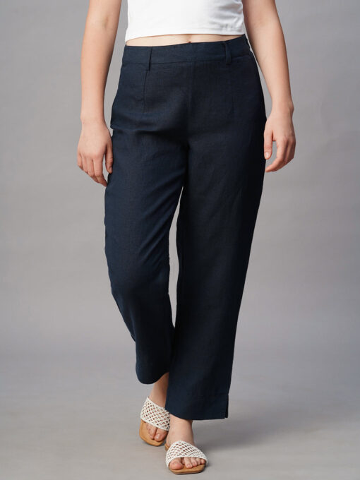 Women's Navy Linen Regular Fit Pant - Image 2