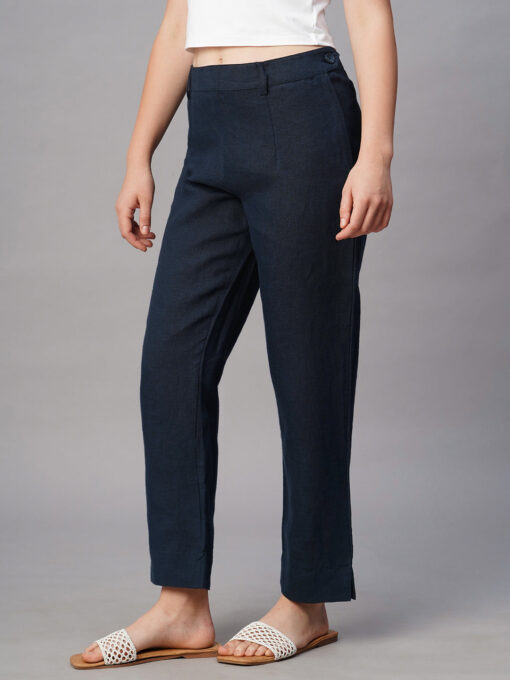 Women's Navy Linen Regular Fit Pant - Image 3