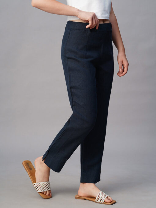 Women's Navy Linen Regular Fit Pant - Image 4