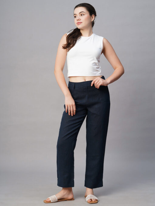 Women's Navy Linen Regular Fit Pant