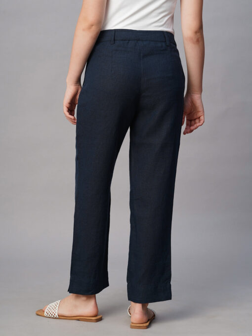 Women's Navy Linen Regular Fit Pant - Image 5