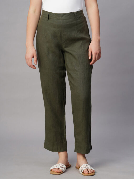 Women's Olive Linen Regular Fit Pant - Image 2