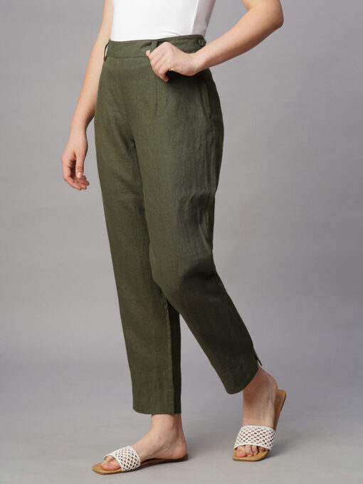 Women's Olive Linen Regular Fit Pant - Image 3