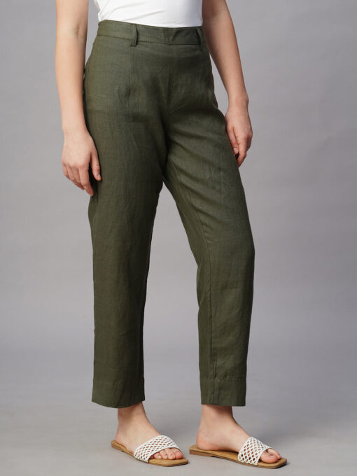 Women's Olive Linen Regular Fit Pant - Image 4