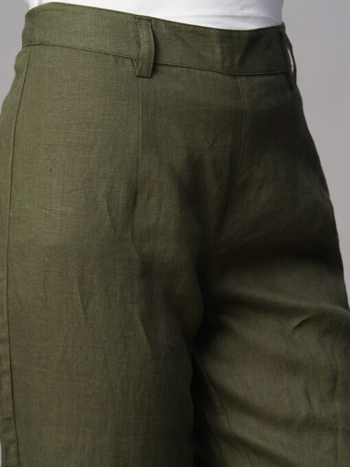 Women's Olive Linen Regular Fit Pant - Image 6