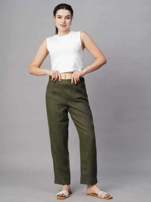 Women's Olive Linen Regular Fit Pant