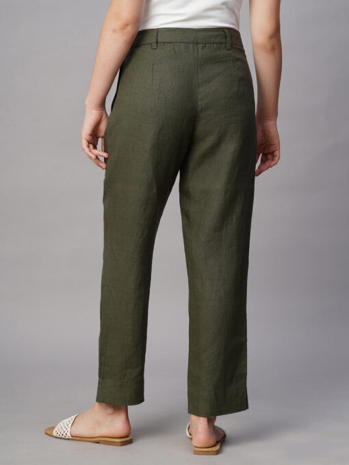 Women's Olive Linen Regular Fit Pant - Image 5