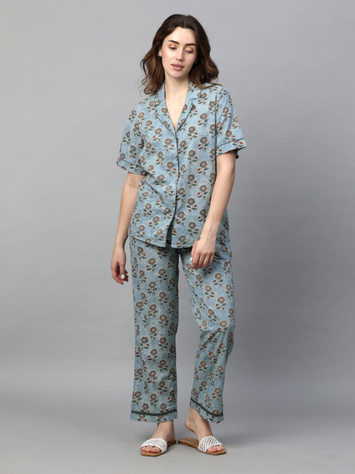 Women's Blue Cotton Regular Fit Pyjama Suit - Image 2