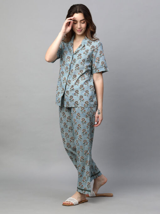 Women's Blue Cotton Regular Fit Pyjama Suit - Image 3