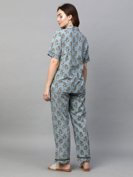 Women's Blue Cotton Regular Fit Pyjama Suit - Image 5