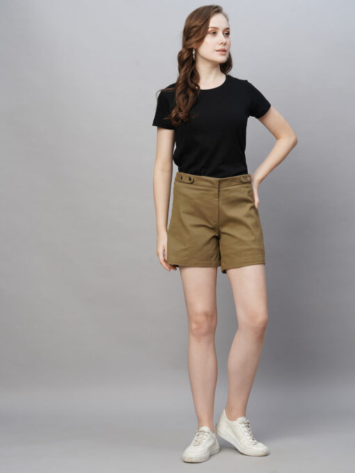 Women's Khaki Cotton Elastane Regular Fit Short - Image 5