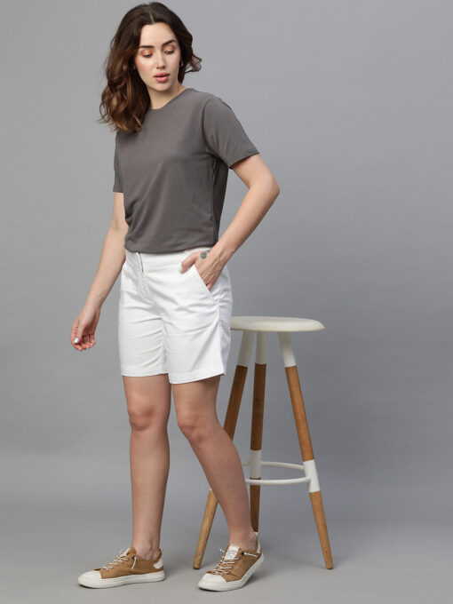 Women's White Cotton Elastane Regular Fit Shorts