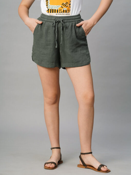 Women's Grey Linen Viscose Regular Fit Shorts - Image 2