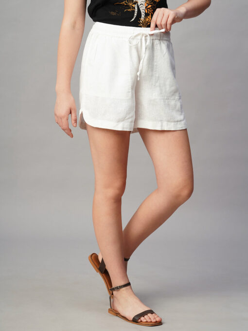 Women's White Linen Viscose Regular Fit Shorts - Image 4