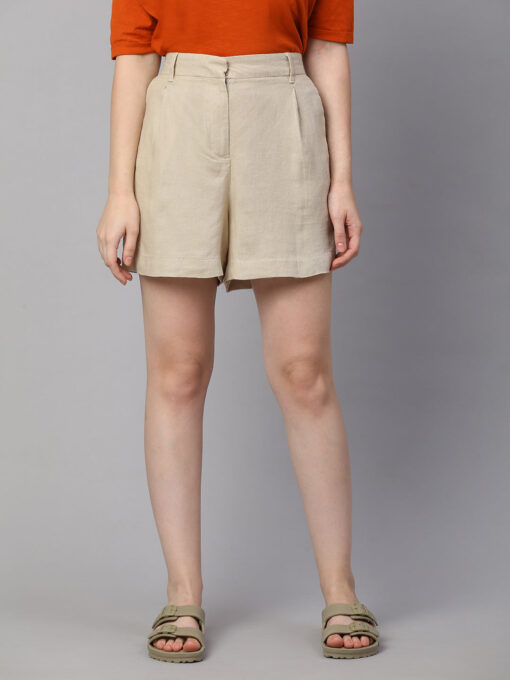 Women's Beige Linen Viscose Regular Fit Shorts - Image 2