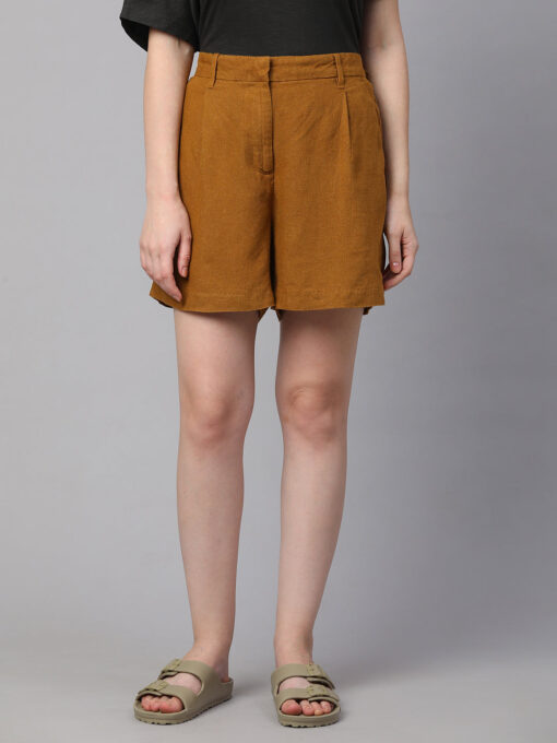 Women's Mustard Linen Viscose Regular Fit Shorts - Image 2