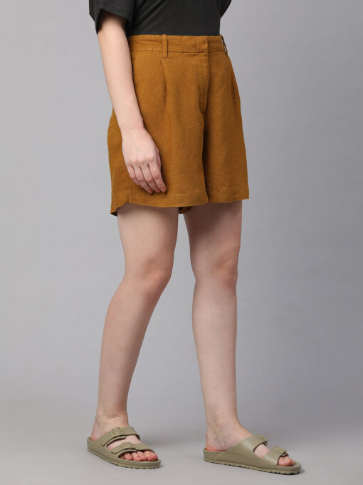 Women's Mustard Linen Viscose Regular Fit Shorts - Image 4