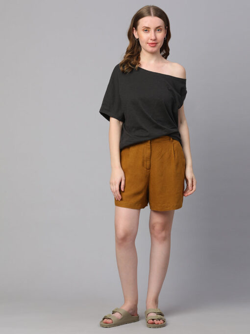 Women's Mustard Linen Viscose Regular Fit Shorts