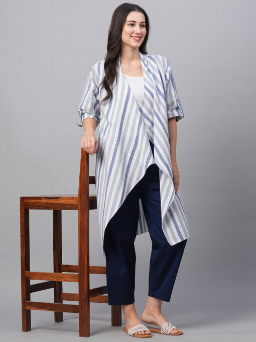 Women's Blue Cotton Linen Regular Fit Shrug - Image 2