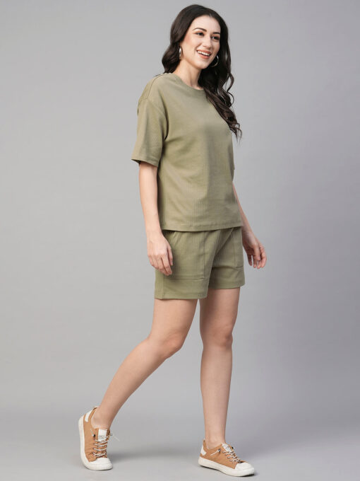 Women's Khaki Cotton Elastane Regular Fit Knit Shorts - Image 3