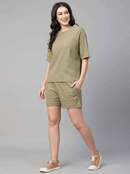 Women's Khaki Cotton Elastane Regular Fit Knit Shorts - Image 2