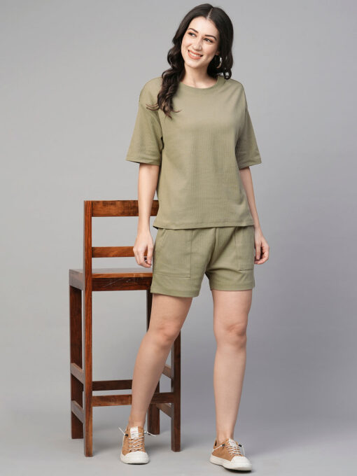 Women's Khaki Cotton Elastane Regular Fit Knit Shorts - Image 4