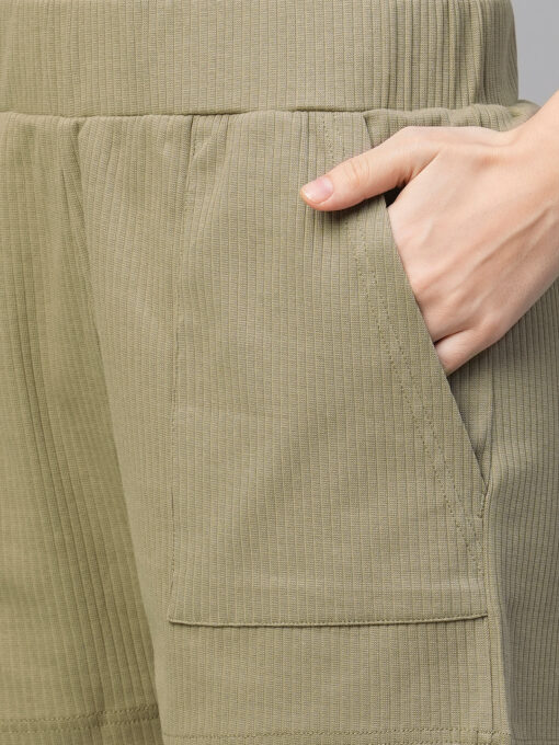 Women's Khaki Cotton Elastane Regular Fit Knit Shorts - Image 6