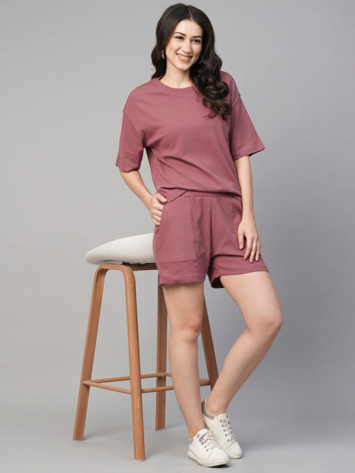 Women's Wine Cotton Elastane Regular Fit Knit Shorts - Image 5