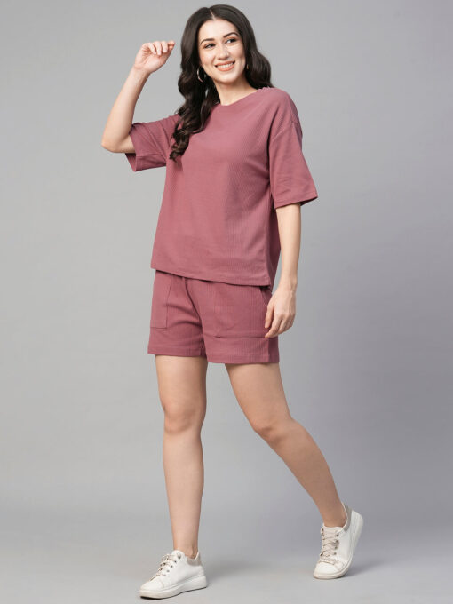 Women's Wine Cotton Elastane Regular Fit Knit Shorts - Image 3