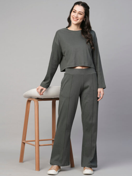 Women's Green Cotton Elastane Regular Fit Knit Pant - Image 5