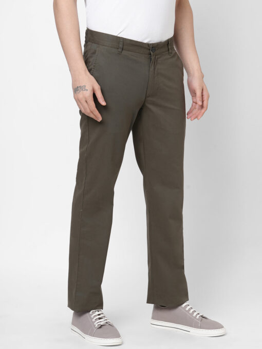 Men's Cotton Lycra Olive Regular Fit Pant - Image 3