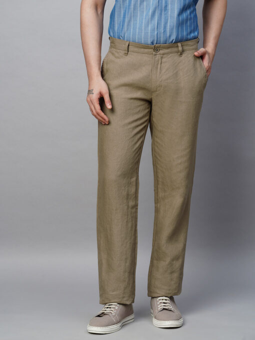 Men's Brown 100% Linen Regular Fit Pant - Image 2