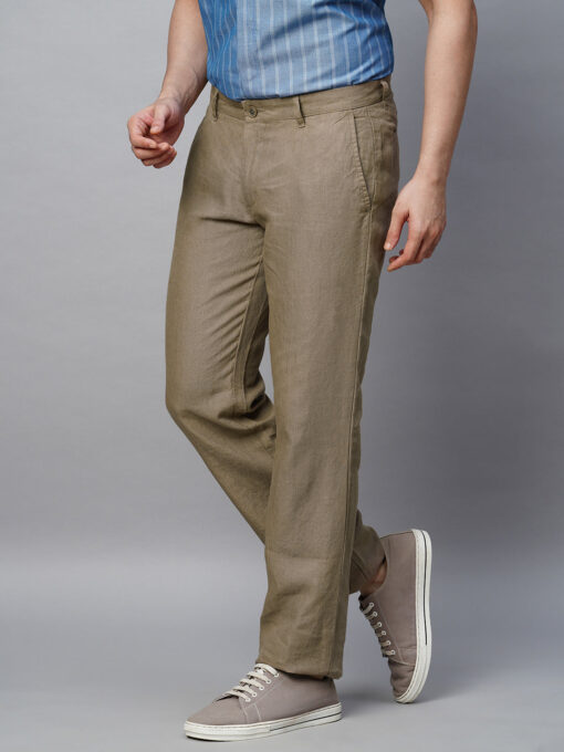 Men's Brown 100% Linen Regular Fit Pant - Image 3