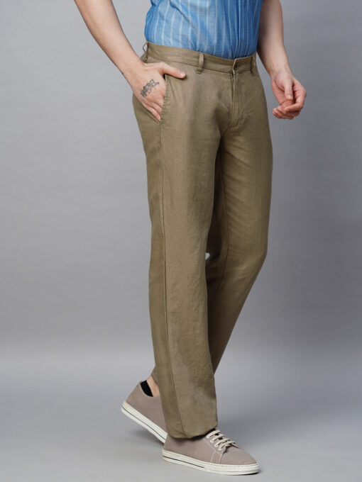 Men's Brown 100% Linen Regular Fit Pant - Image 4